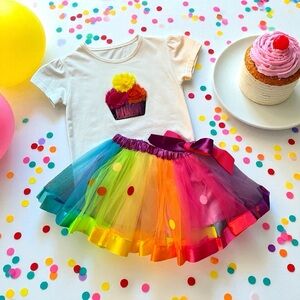 Rainbow Tulle Skirt and Cupcake T-Shirt Set